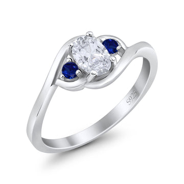 Three Stone Engagement Ring Oval Cut Round Simulated Blue Sapphire Cubic Zirconia 925 Sterling Silver
